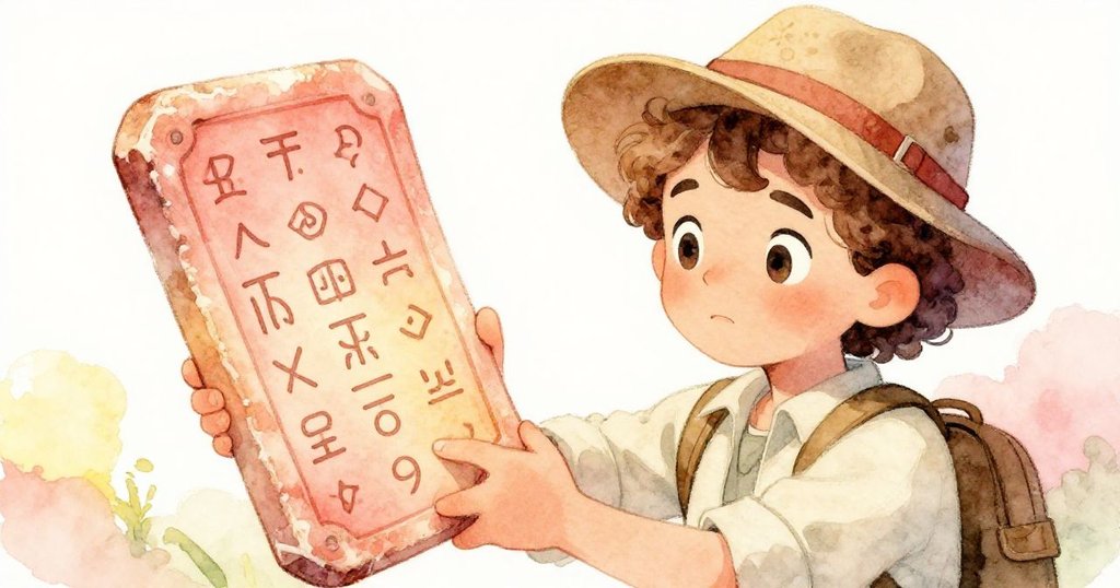 瑪麗安小心持著刻有神秘符號的古老石碑，用指尖輕觸細節，展現探索秘密時的專注與謹慎。