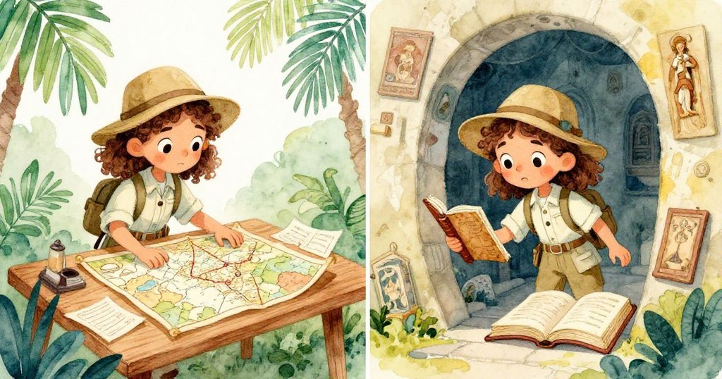 瑪麗安一邊仔細研究鋪展的地圖和筆記，一邊探訪大教堂內隱藏的古老房間，充滿好奇與冒險的情緒。