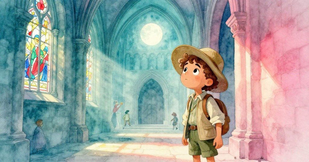 大教堂內部呈現早晨日光與夜晚月光交織，瑪麗安站在古老牆邊傾聽歷史低語，流露出驚奇與期待。