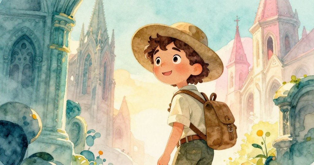 瑪麗安滿懷希望地離開大教堂，轉身回望古建築，神情溫暖而充滿未來探險的期待。