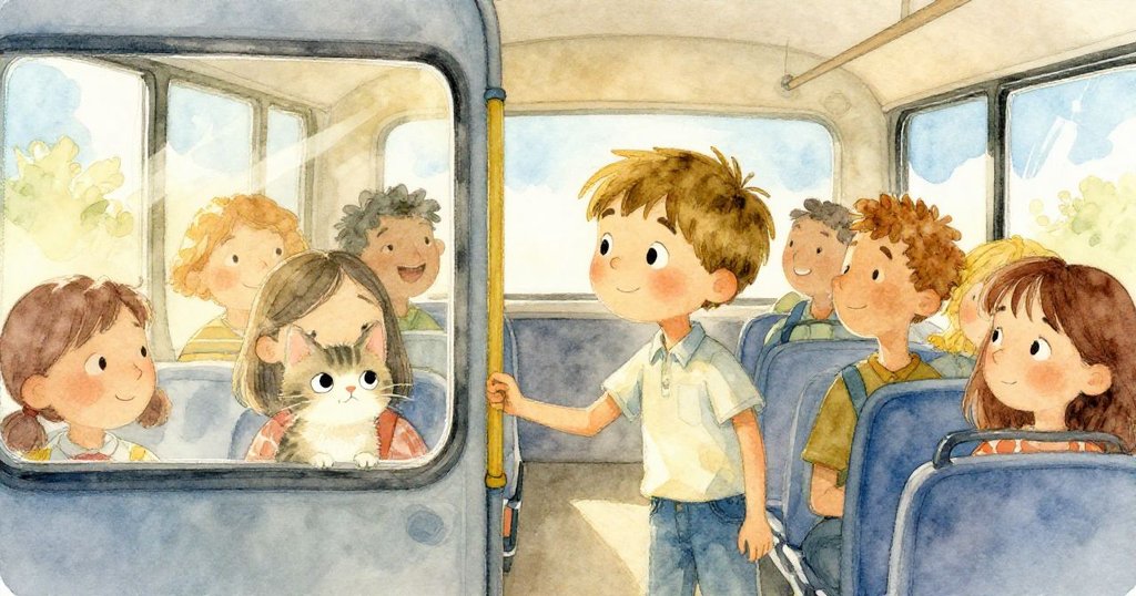 班在明亮的公車上好奇注視窗外的小貓，乘客環繞陪襯，展現溫暖的城市晨景與期待情緒。