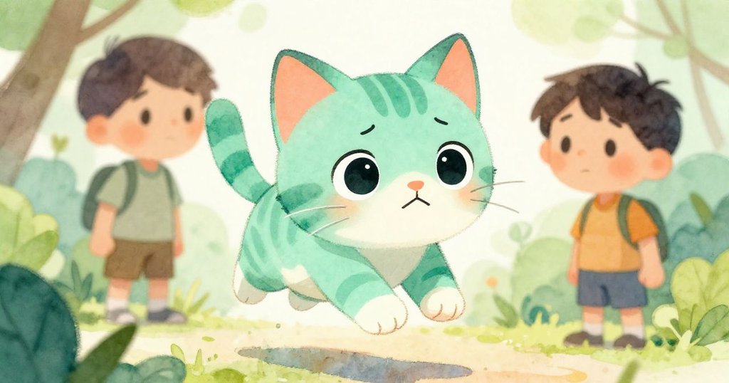 小貓焦慮中高高躍起，眼神充滿疑惑，班在背景中關切注視，展現情感轉變與動態美。