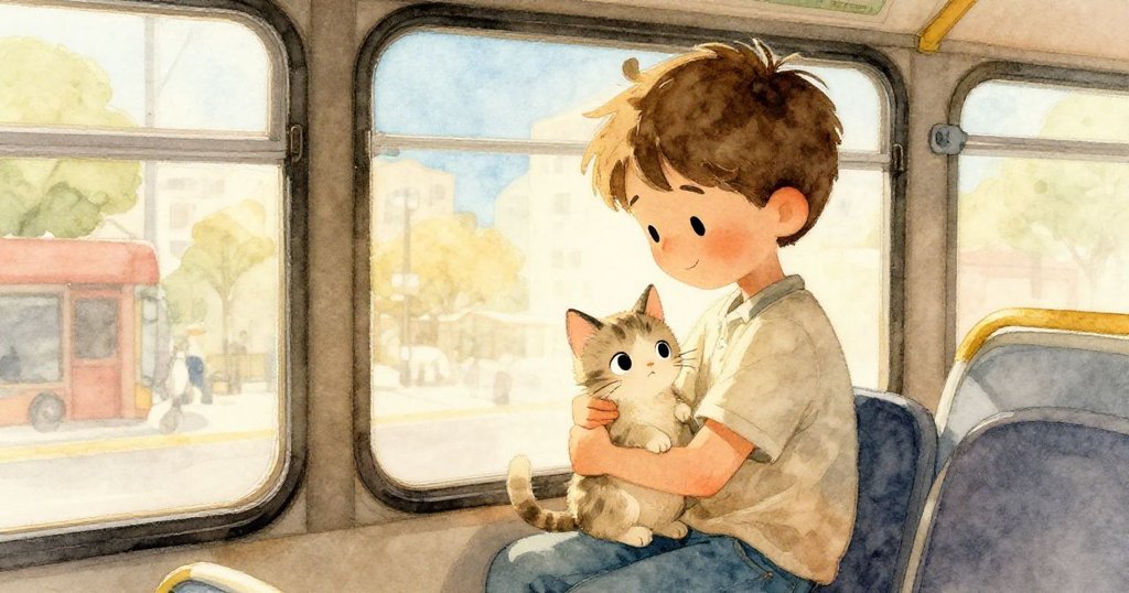 班從背後溫柔抱起小貓，公車內晨光柔和，展現溫情互動與旅途中的安全感。