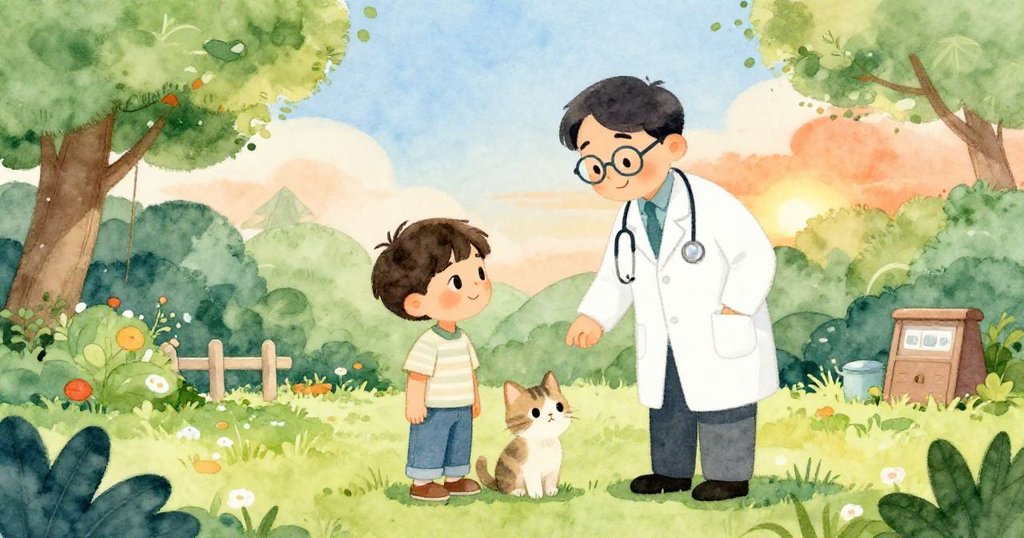 班與小貓步入溫馨診所，院中綠意盎然，善良獸醫笑迎，陽光灑下營造溫暖友善氣氛。