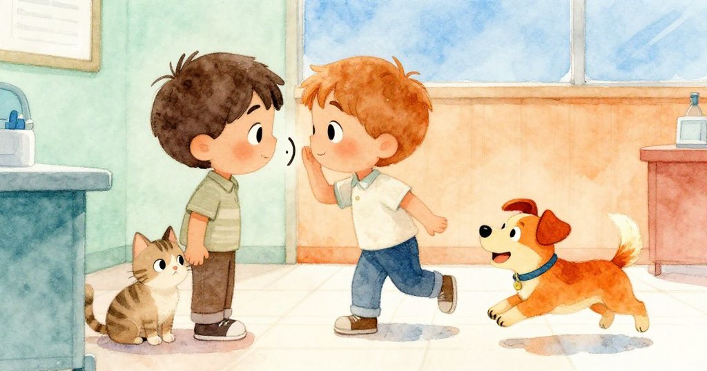 班在診所內聚精會神聆聽奇妙聲音，小貓警覺凝視，小狗活潑奔入，畫面充滿歡樂童趣。