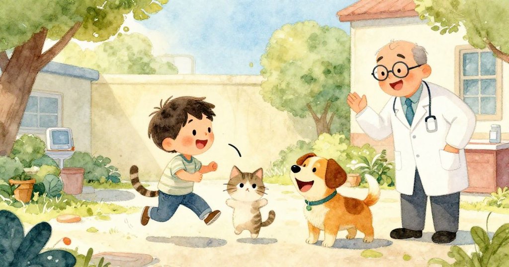 班與小貓、小狗及獸醫在庭院中歡笑互動，小貓似乎緩緩說話，驚喜中洋溢著溫馨幸福情感。