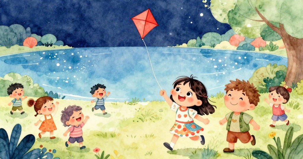 瑪麗亞在湖邊公園奔跑放著紅色風箏,湯姆與其他孩子一起玩耍,臉上展現著快樂和興奮的表情,陽光明媚。