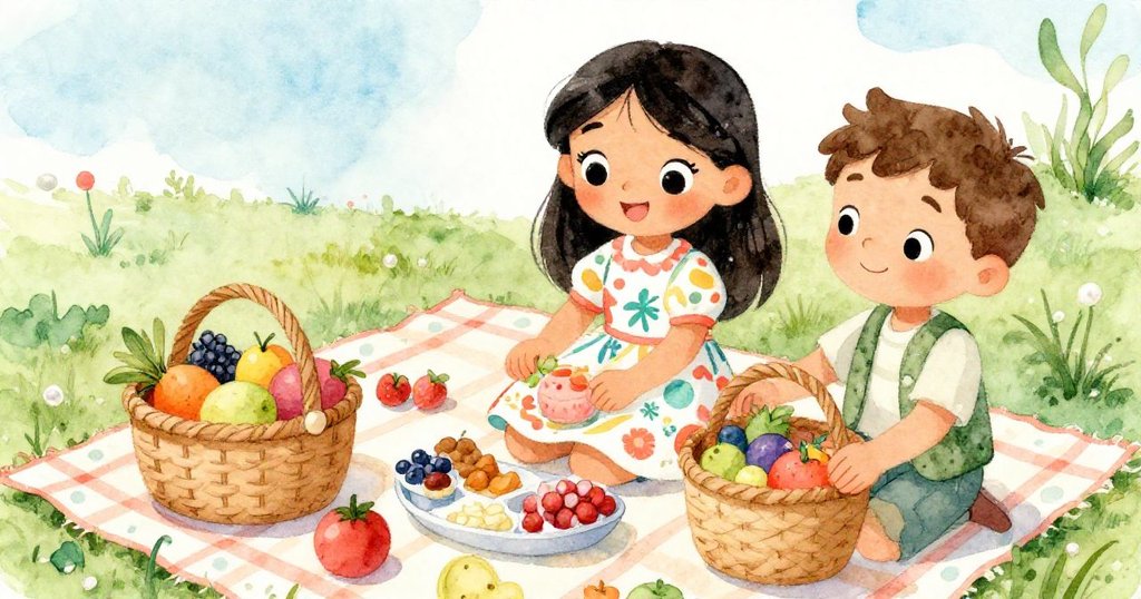 瑪麗亞在湖邊精心整理繽紛野餐布上的水果,湯姆溫柔拿著裝滿美食的籃子,背景微光中展現精緻質感與温暖氣氛。