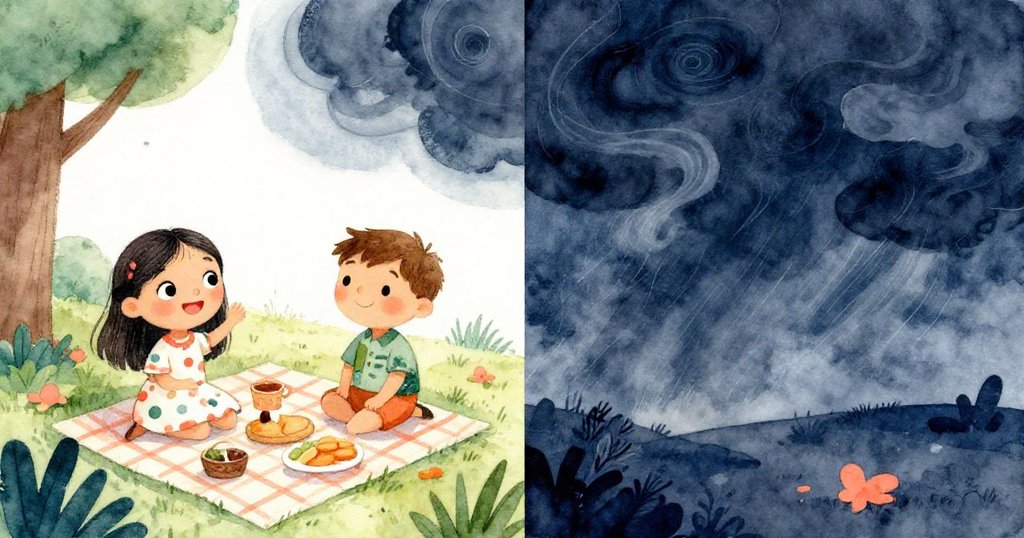 瑪麗亞與湯姆在分割畫面中,一邊是陽光快樂的野餐場景,另一邊是暗沉風暴降臨,臉上流露出擔憂和意外情緒。