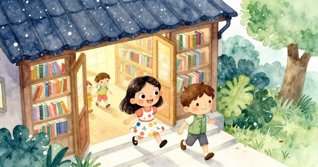 瑪麗亞與湯姆在雨中奔向溫暖的圖書館,從高處俯瞰館外濕潤情景,臉上流露出渴望安全的神情。