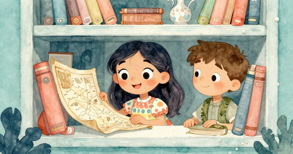 瑪麗亞與湯姆在圖書館秘密房間中發現了古老地圖和漫畫書,驚奇且好奇地探索新世界,氛圍溫暖迷人。