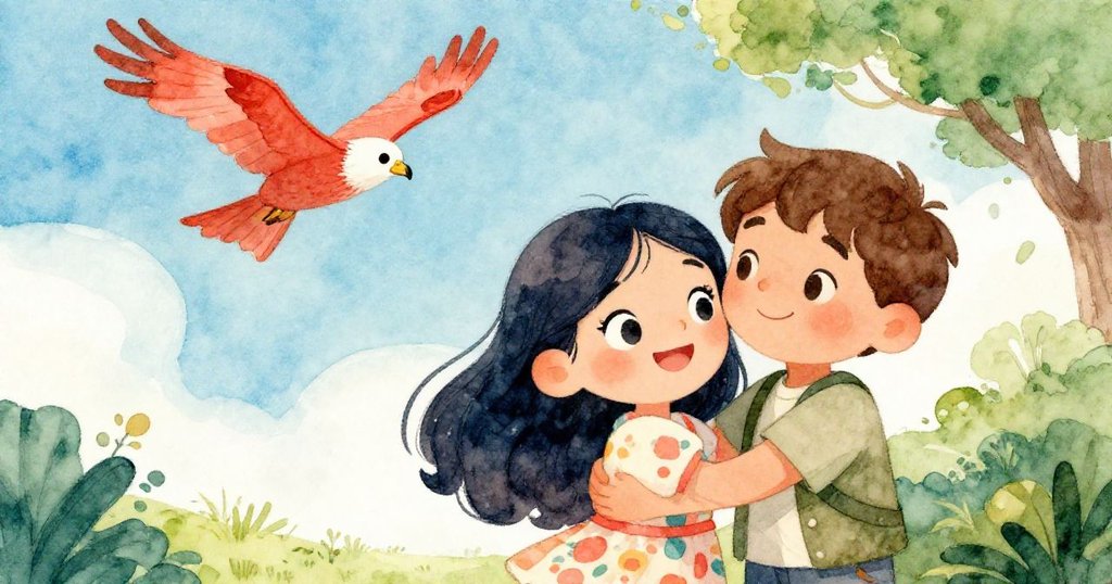 瑪麗亞與湯姆在圖書館外重逢擁抱,天空放晴,紅色風箏在微風中翩躚飛舞,臉上展現出無限喜悅與安心。