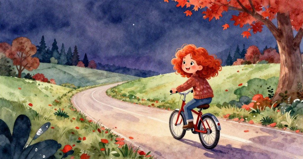 露西騎著自行車在清晨的鄉村道路上前行，沿途秋葉飛舞，充滿希望與冒險的開始。