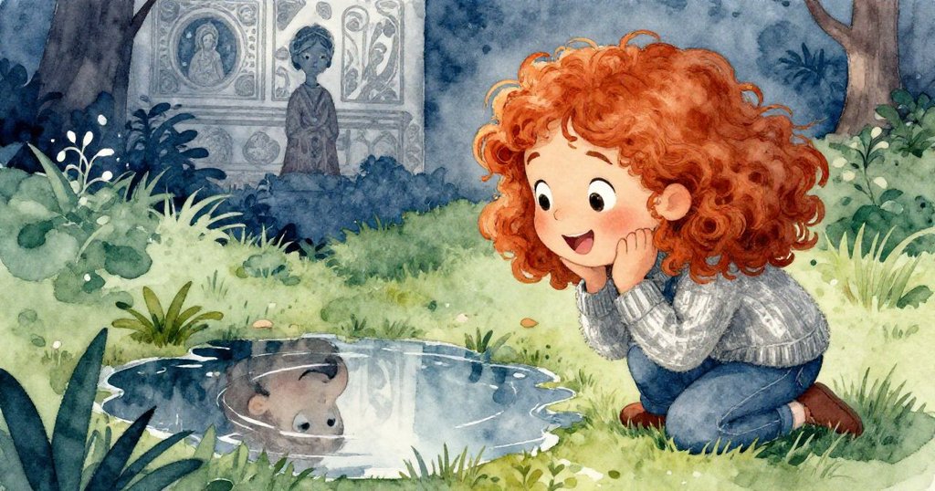 露西在秘密花園旁的積水中，看著自己驚艷的倒影，心中流露出神秘與好奇之情。