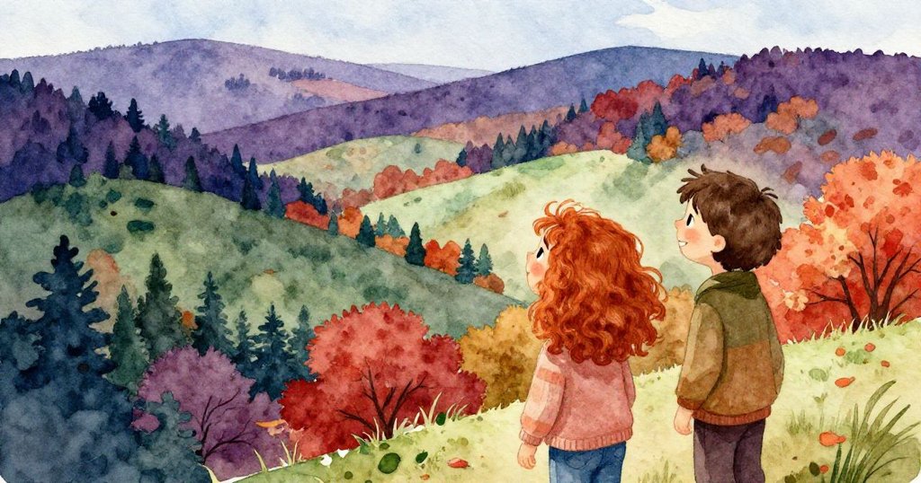 露西與新朋友站在高處眺望秋日美景，遠眺村莊全景，心境平靜而溫暖。