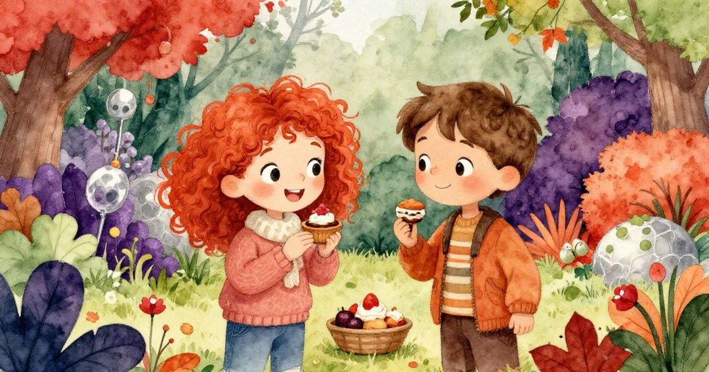 露西與新朋友在秘密花園分享秋季美食，互相笑語連連，感受豐收與喜悅的奇遇。