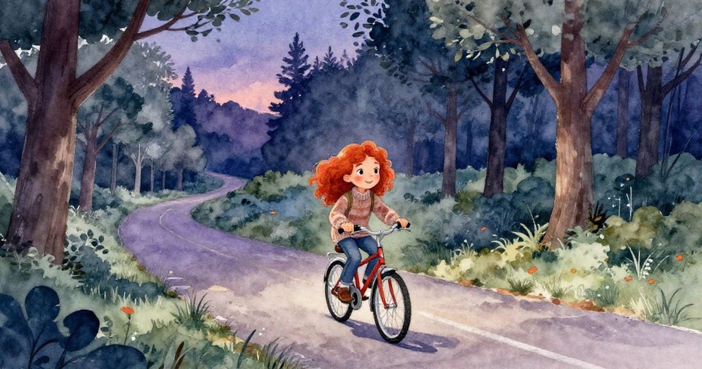 傍晚，露西踏著自行車回家，穿越靜謐樹道，滿懷溫馨回味魔法一天的美好。