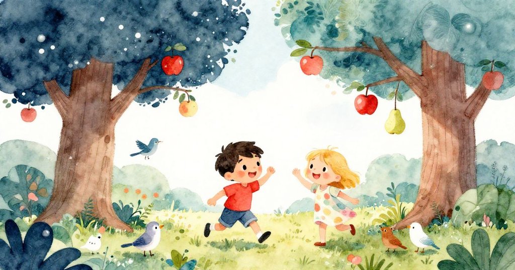 湯姆與艾瑪和動物朋友們在溫暖陽光下圍繞著神秘魔法樹，紅蘋果和梨掛滿枝頭，充滿好奇與期待。