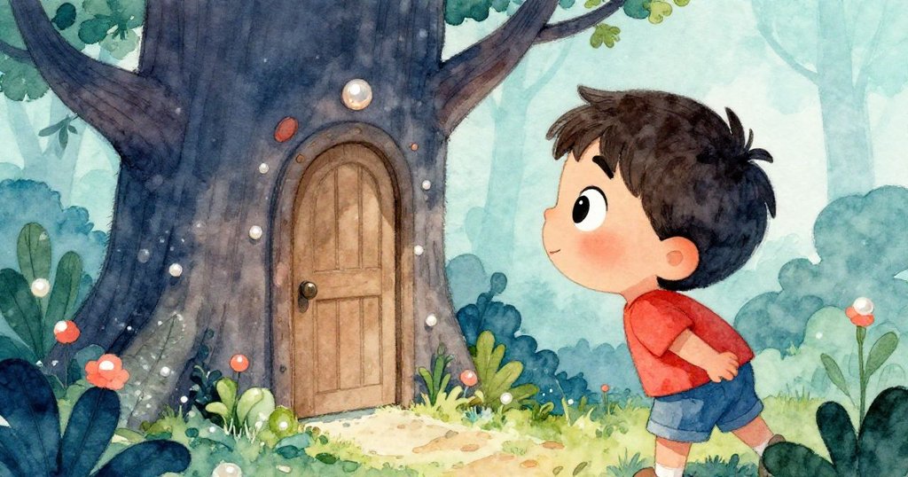 湯姆驚奇地凝望樹上的魔法門，臉上浮現興奮與期待，樹旁陽光灑落，情感溫暖。