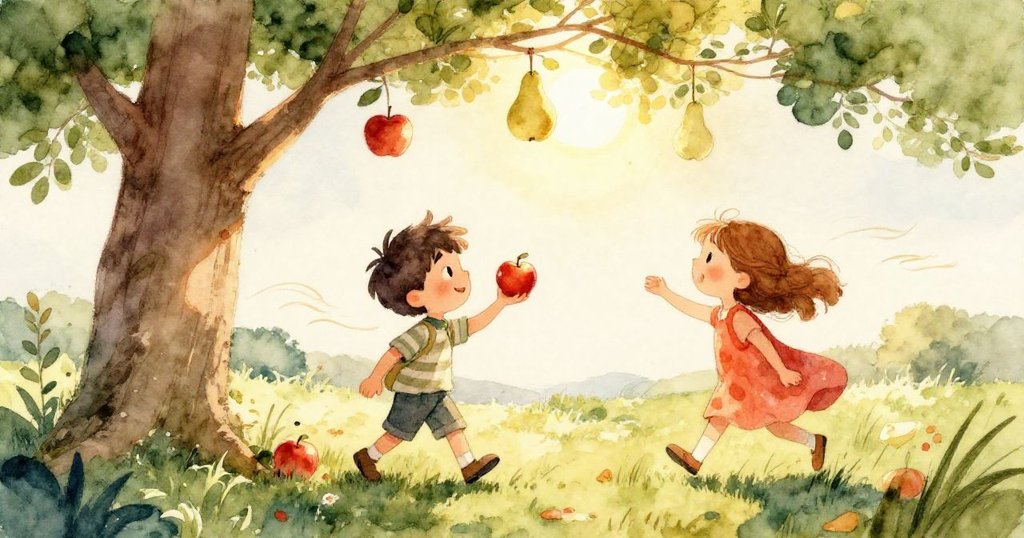 從樹枝上小鳥視角看見魔法樹的秘密光芒，湯姆與艾瑪驚喜互動，環境神秘且溫柔。