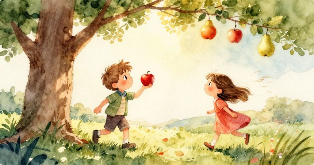 樹葉在微風中跳舞，光線透過綠意照耀，湯姆與艾瑪感受到魔法般的溫暖與柔風，充滿詩意。