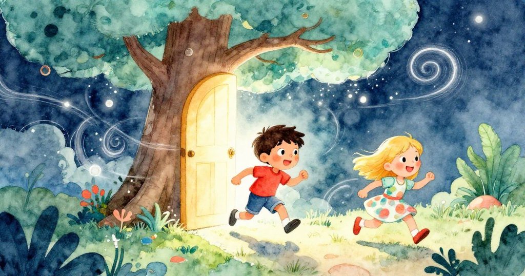 湯姆與艾瑪奔跑追逐發光門，動感十足背景充滿魔法光芒，展現了冒險與活力，場景熱情洋溢。