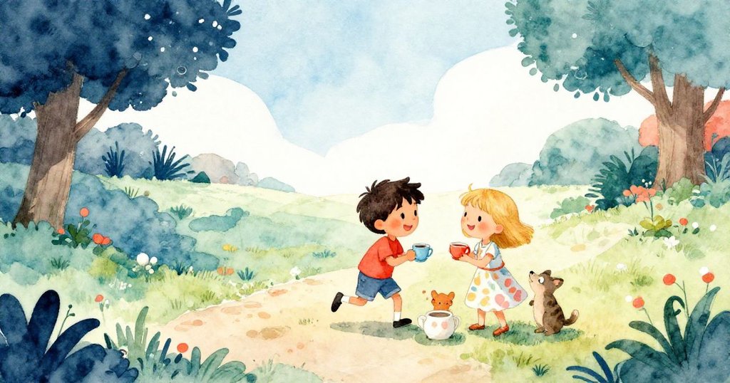 魔法後湯姆與艾瑪與朋友們共品香茶，溫情擁抱迎向新希望，陽光灑落，情感豐富，充滿溫暖與光明。