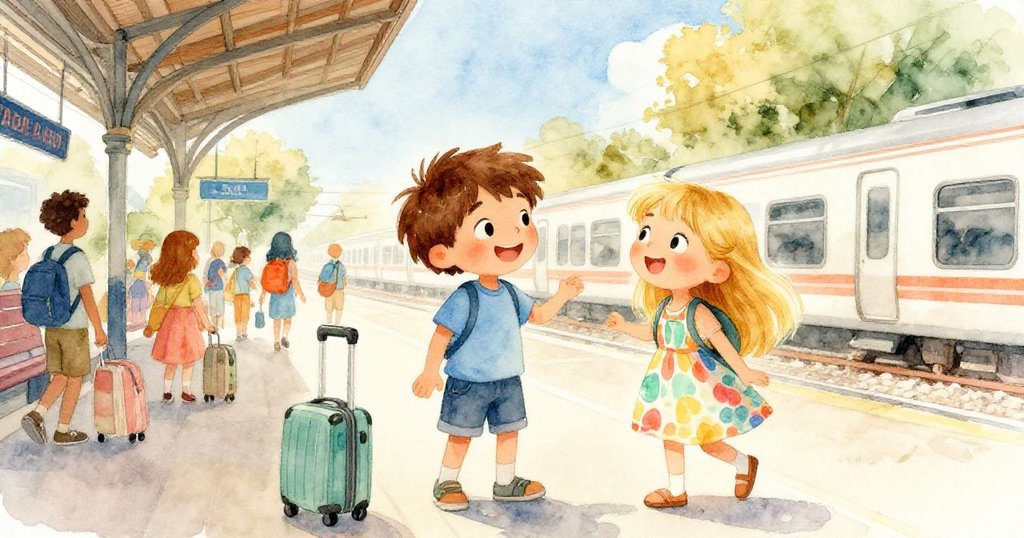 Sam和Mia在明亮火車站熱鬧相遇,充滿期待與興奮,背景有旅客與火車,展現冒險起步的快樂情緒