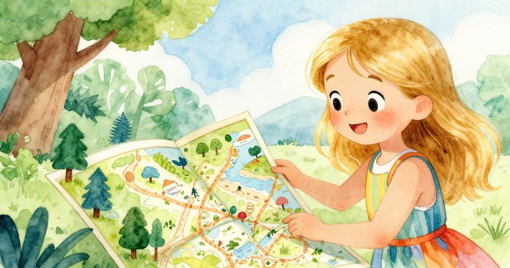 Mia仔細查看彩色地圖,臉上充滿驚喜與喜悅,準備展開夢幻冒險,細節豐富展現探索之情