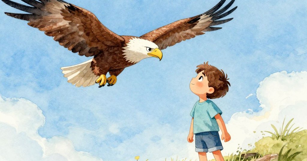 Sam抬頭仰望雄偉老鷹低飛,眼神充滿驚奇與勇敢,展現指引冒險的神奇時刻