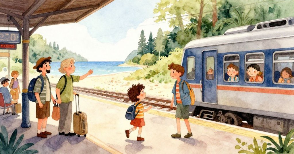 一家人在陽光明媚的海灘放鬆,享受海風與海浪拍打,背景有綠樹叢林,充滿溫暖與愉悅氣氛