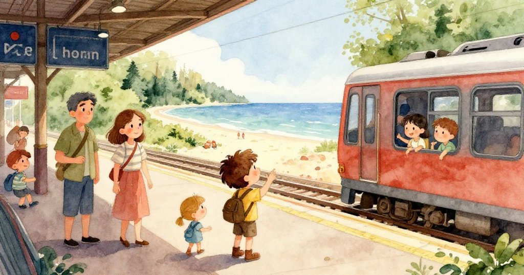 Sam、Mia與父母在翠綠森林中探索秘密小徑,互相扶持查看地圖,老鷹飛舞帶來神秘引導,展現冒險熱情