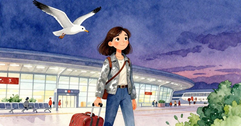 愛瑪在繁忙機場外準備冒險，提著行李迎向未來，海鷗優雅飛翔，燈光柔和映出期待與喜悅。
