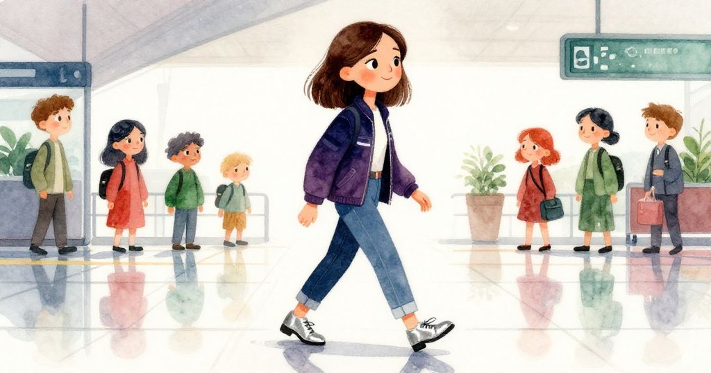 愛瑪在機場大廳光滑地板上自信地前行，腳步堅定，展現對未知旅程的決心與興奮。