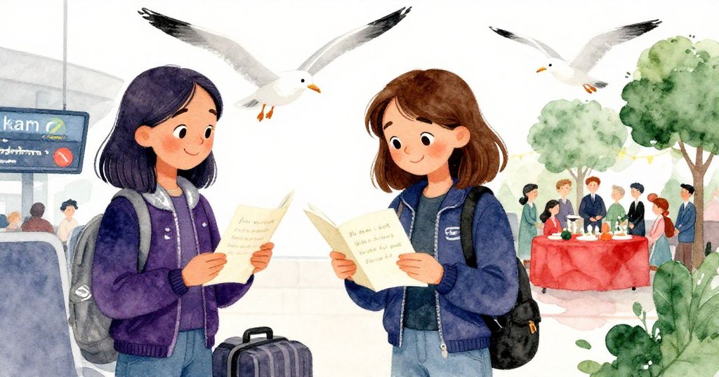 愛瑪在出發儀式中驚喜閱讀信件，一旁海鷗飛舞呈現希望，畫面分割展現溫暖與期待的雙重情感。