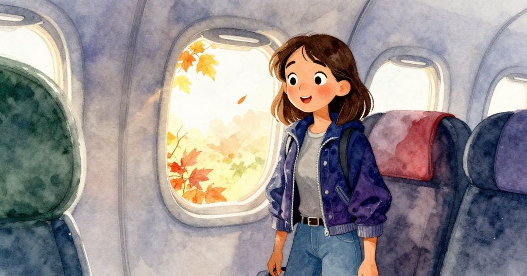愛瑪在飛機降落時透過窗外秋景感受溫暖陽光與意外消息，臉上現出驚喜與希望，場景寧靜宜人。