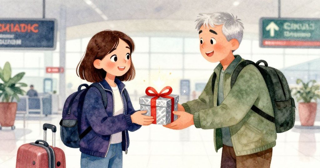 愛瑪與和藹旅者在抵達大廳熱情互動，旅者遞送閃耀禮物，雙人展露真摯笑容，背景充滿溫暖與期待。