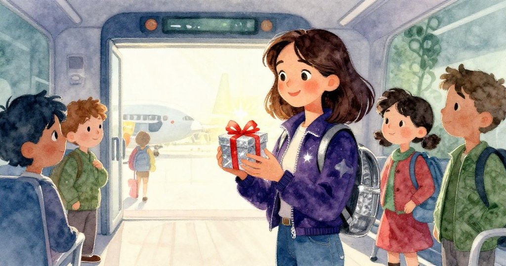 愛瑪手持閃耀禮物背對開放通道，自信前行迎向新夢與冒險，畫面充滿光明與希望情懷。