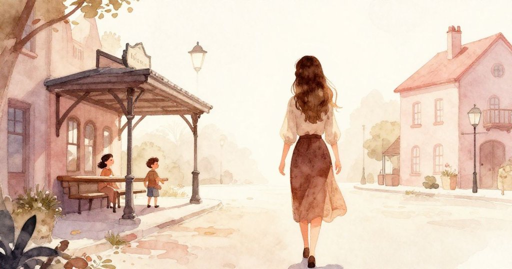 安娜在清晨朝向車站前行,剪影映襯著溫暖的日光,車站外觀古舊,展現故事開始的希望與溫馨。
