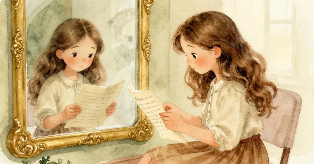 安娜低頭閱讀充滿溫情的信件,玻璃窗中映出她充滿好奇的神情,舒適背景中散發著懷舊溫暖的光芒。