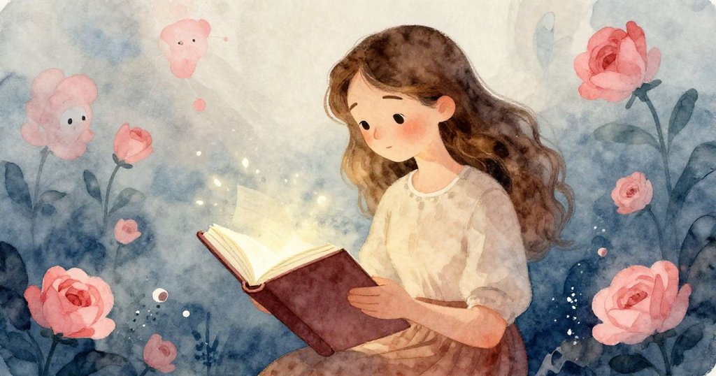 安娜坐在小桌前,打開充滿神秘感的日記,日記頁面宛如漂浮在水中,夢幻柔和光影襯托她充滿驚奇的眼神。