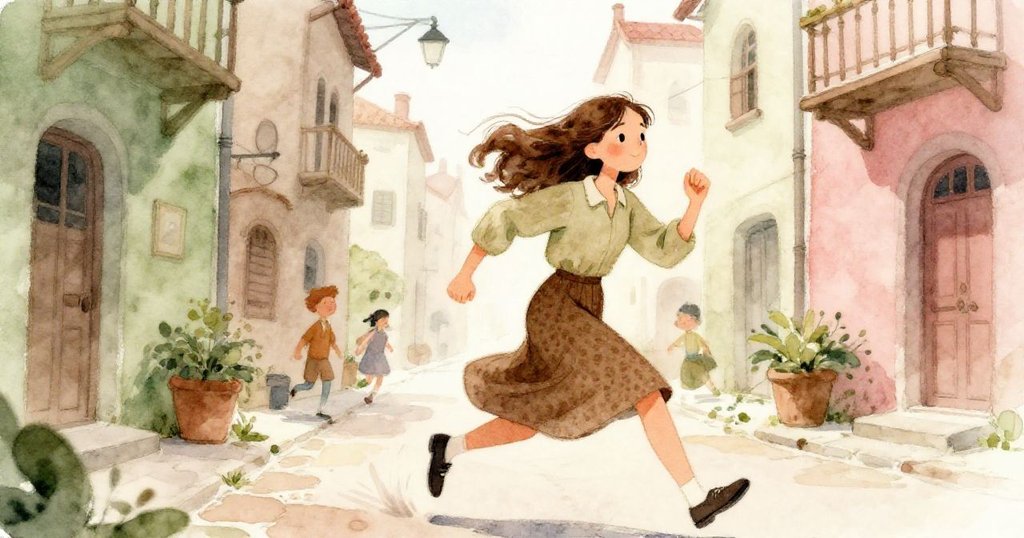 安娜興奮地穿越古樸石板街巷,急速奔跑中追逐隱藏的線索,背景朦朧展現懷舊城鎮的生動情景。