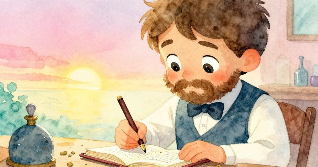 珠寶匠專注記錄在塵封的賬簿上，眼神充滿驚喜與期待，畫面細節豐富，溫暖柔和光線。