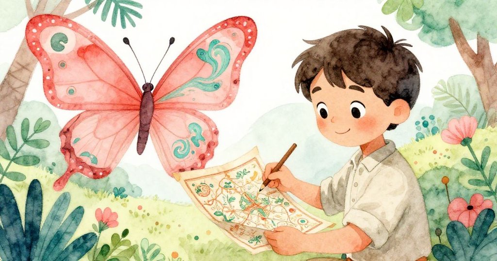 翩翩蝴蝶飛舞於藝術家展開的古地圖旁，細看地圖上神秘符號，兩者互動中流露出好奇與期待。