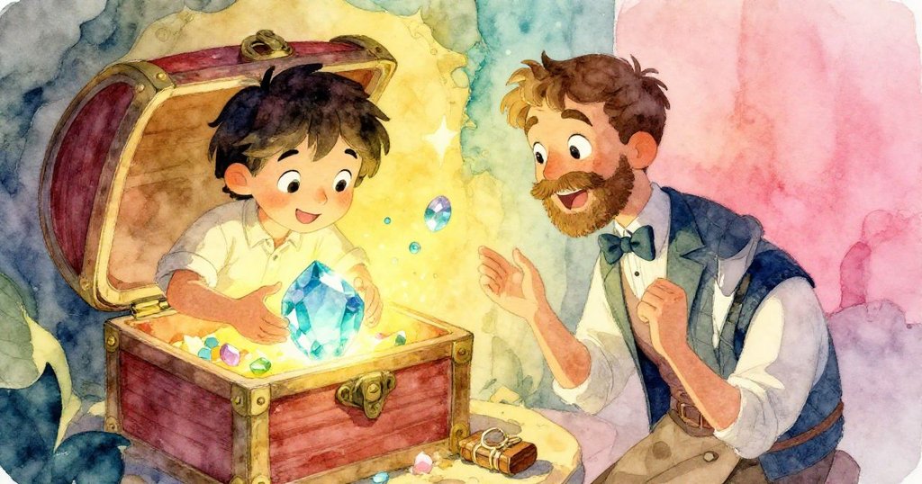 藝術家和珠寶匠站在閃爍寶箱前，發現神秘通道，寶石散發魔力光輝，氣氛奇幻而充滿驚喜。