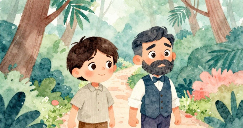 藝術家與珠寶匠沿著蜿蜒小徑前行，表情中顯露憂慮與堅定希望，周圍樹影輕移，步步驚心。