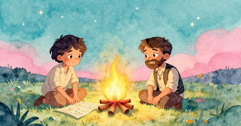 藝術家與珠寶匠在星空下於營火旁靜坐休憩，魔法地圖散發微光，臉上流露疲憊中帶著愉悅與團結。