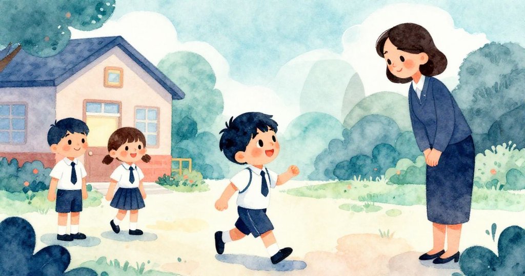 在黎明微光中，Sam步入校園迎接新的一天，他與同學互相微笑，老師站在門邊溫柔注視，充滿希望與活力。