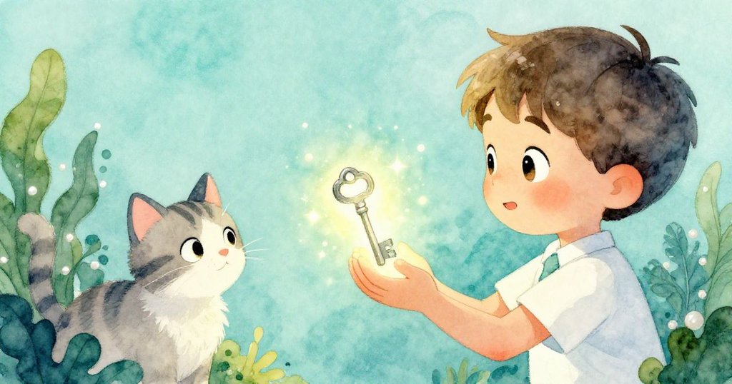 Sam彎腰拾起發光魔法鑰匙，小貓在旁好奇凝望，室內走廊背景散發神秘溫暖氛圍，充滿奇幻感。