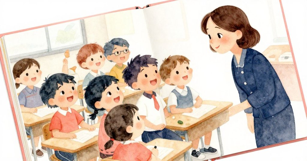 課室中Sam與同學們歡唱，老師領導互動，畫面以傾斜角度展現溫馨動態場景，充滿愉快與活力。